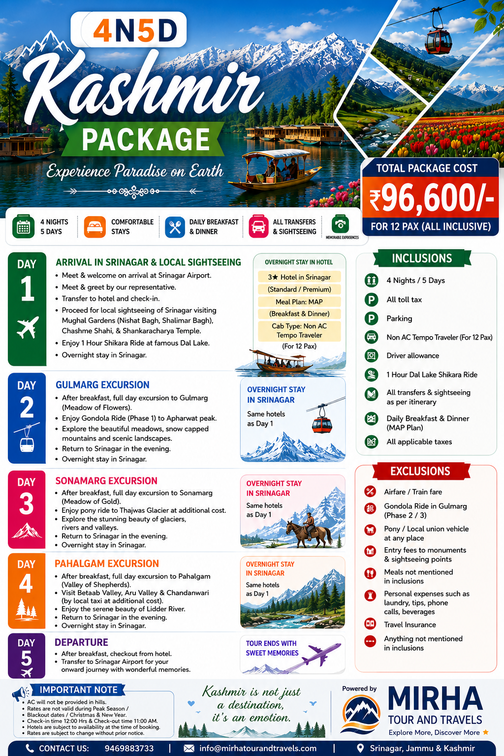 4 Nights 5 Days Kashmir Group Package for 12 Pax – ₹96,600