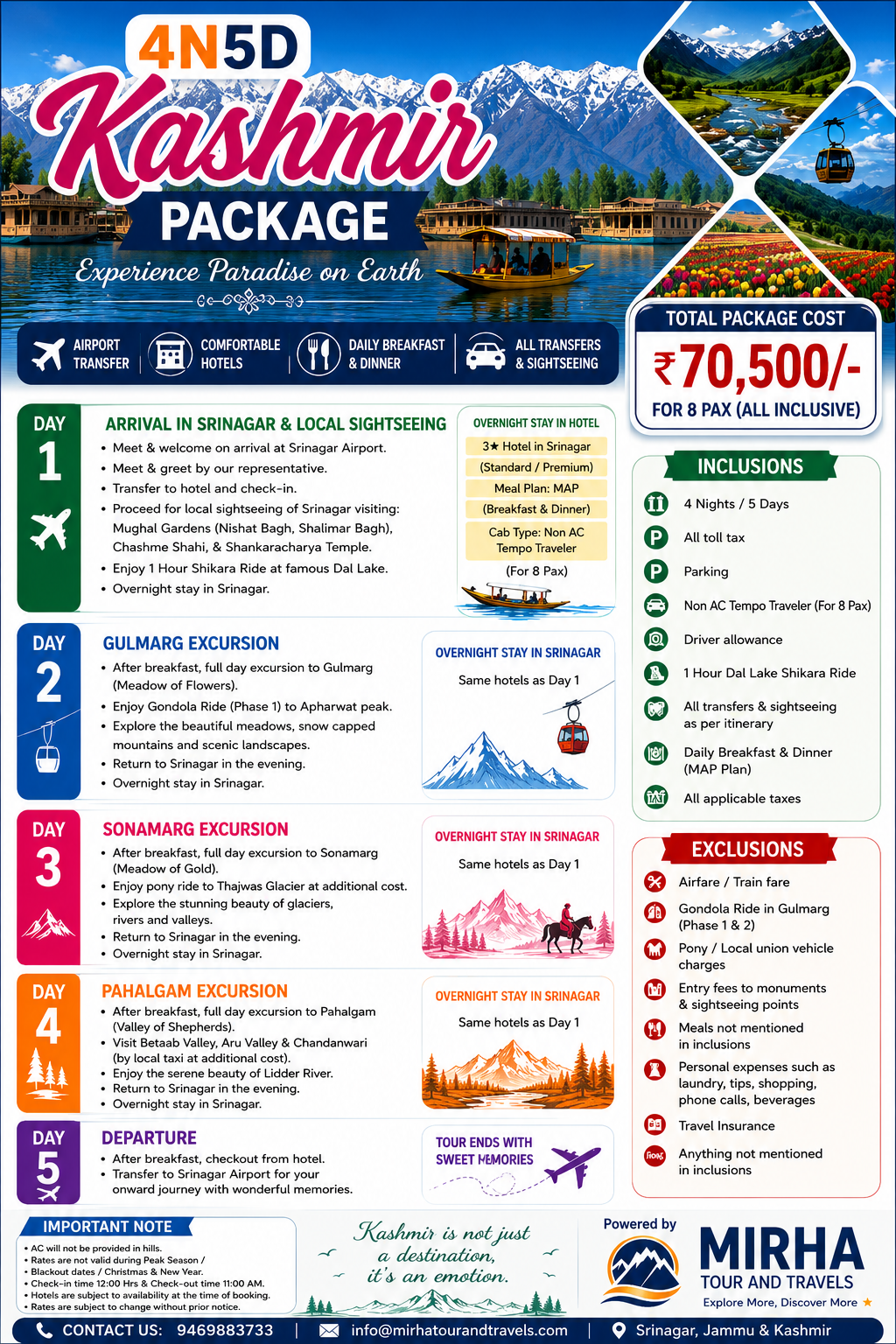 4 Nights 5 Days Kashmir Package for 8 Pax – ₹70,500