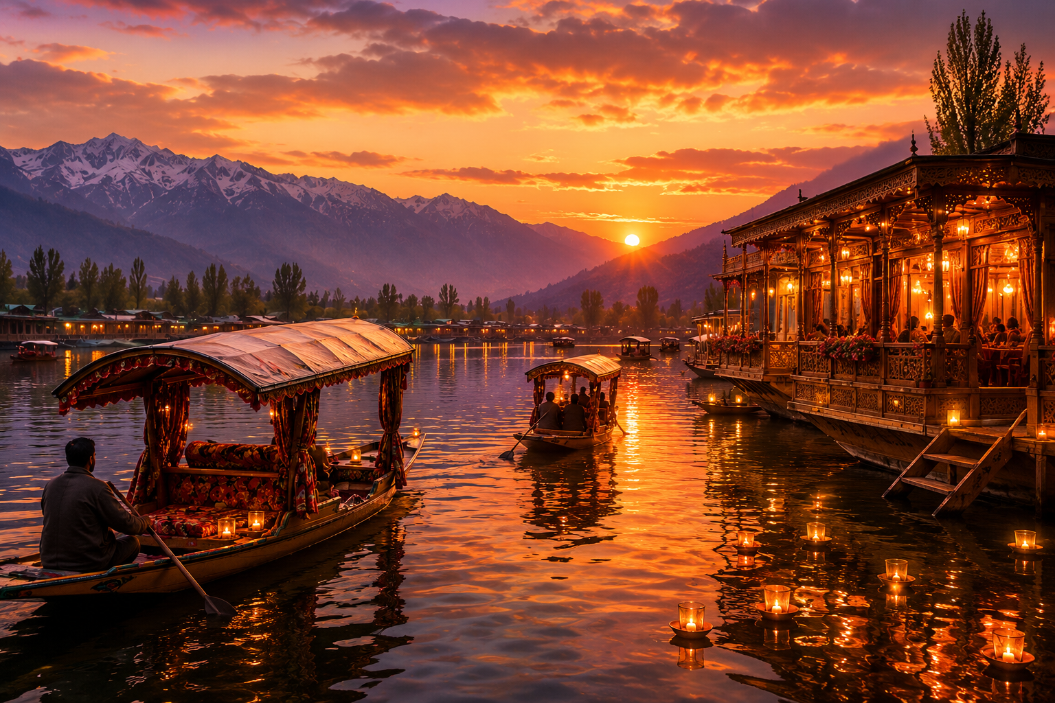 Romantic candle-lit houseboat setting in a Kashmir honeymoon tour package