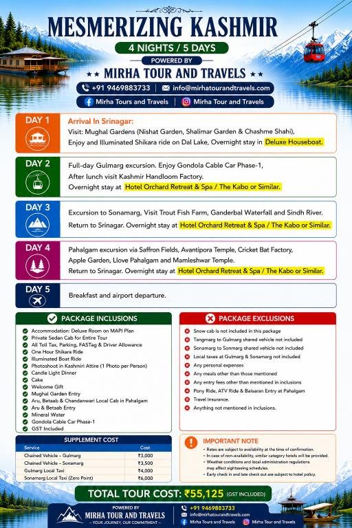 Mesmerizing Kashmir 4 Nights 5 Days premium honeymoon package itinerary – ₹55,125 by MIRHA Tour and Travels